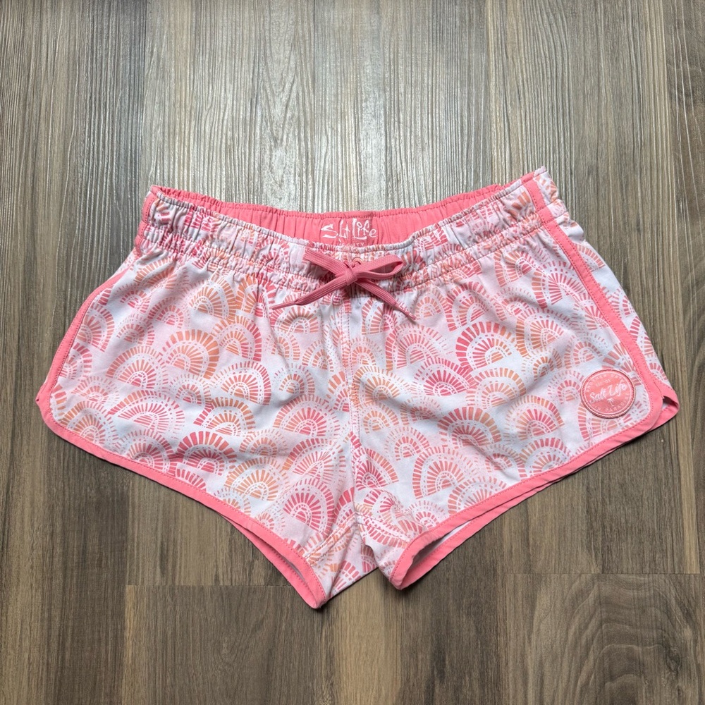 Salt Life Women's Pink Orange Scallop Pattern Swim Trunks Shorts Size SML